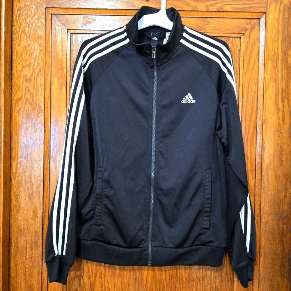 ADIDAS Black Tack Jacket Unisex Zipup White 3 Stripe Longsleeves Size Medium